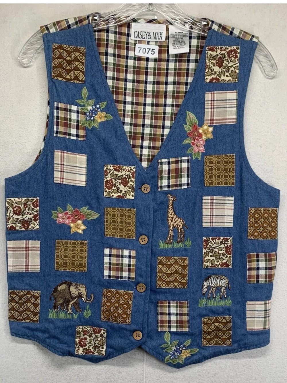 Vintage Casey & Max Blue Denim Patchwork Floral Plaid Zebra Elephant Vest